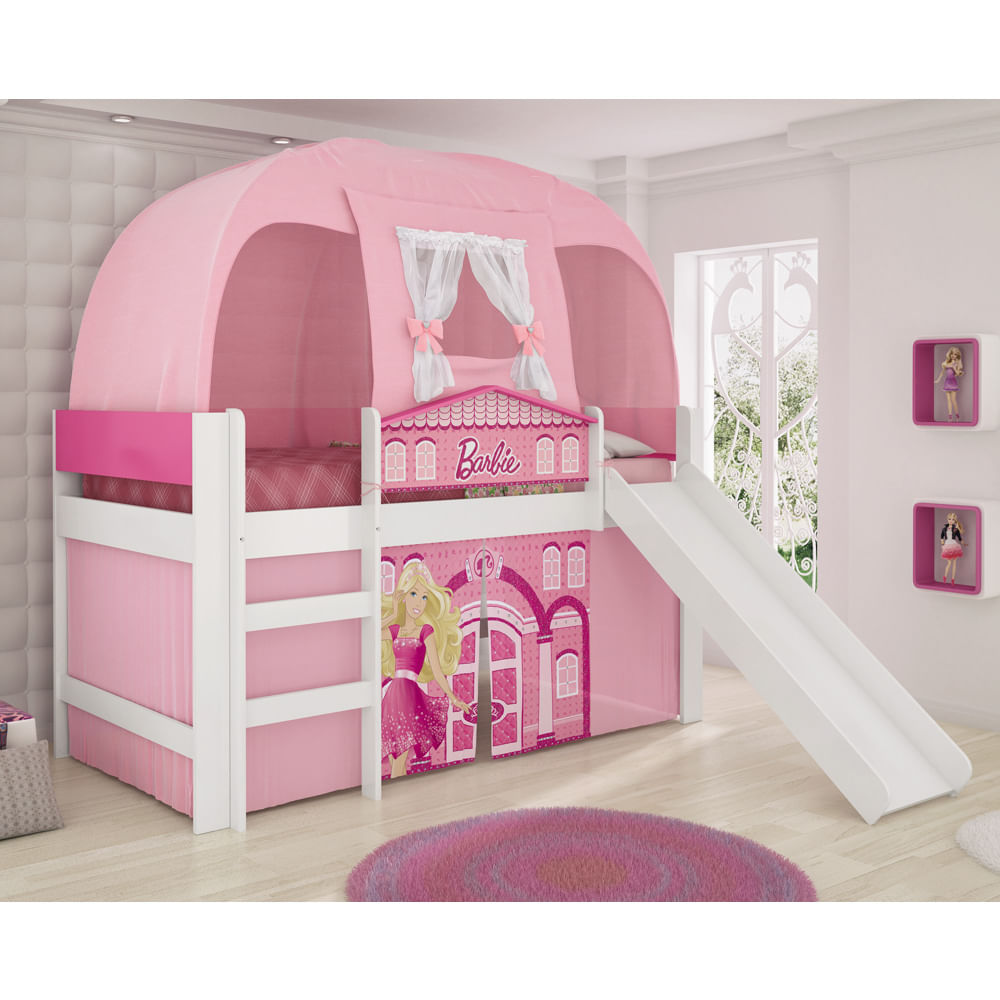 Cama Infantil Barbie Play com Escorregador, Cabana e Cortina 100 MDF