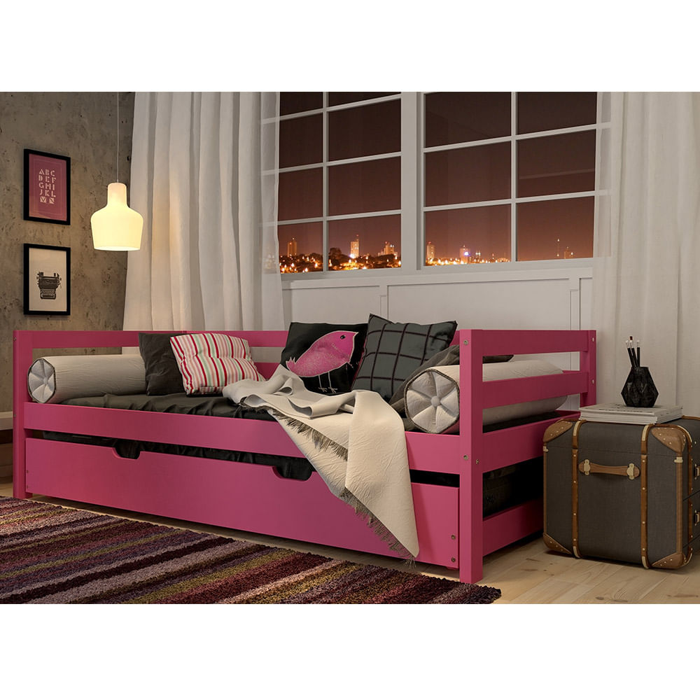 Sofá Cama com Cama Auxiliar Rosa Madeira Maciça Casatema CasaTema