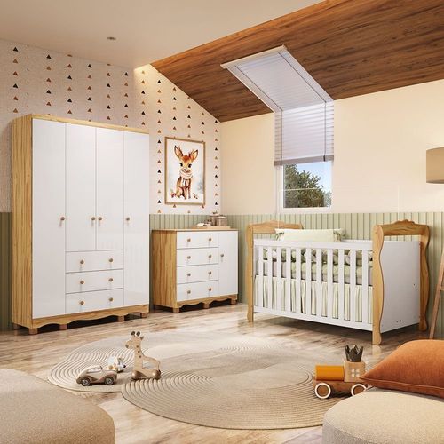 Quarto de Bebê Completo Berço 3 em 1, Cômoda e Guarda Roupa MDF Nina Espresso Móveis Branco/Amê Branco Brilho/Amêndoa