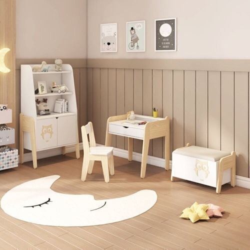 Conjunto Infantil 1 Estante 1 Mesa 1 Cadeira e Baú Corujinha Casatema Branco/Marro Branco/Natural