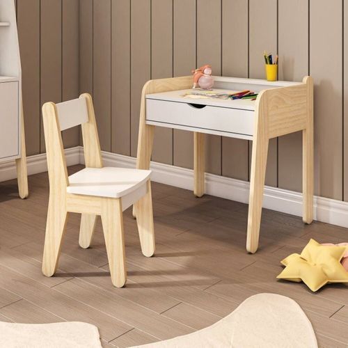 Conjunto Mesa e Cadeira Infantil Corujinha Casatema Branco/Marrom Branco/Natural
