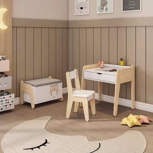 Conjunto Mesa com Cadeira e Baú Infantil Corujinha Casatema Branco/Marrom Branco/Natural