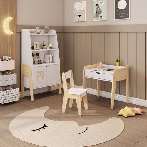 Conjunto Estante com Mesa e Cadeira Infantil Corujinha Casatema Branco/Marrom Branco/Natural