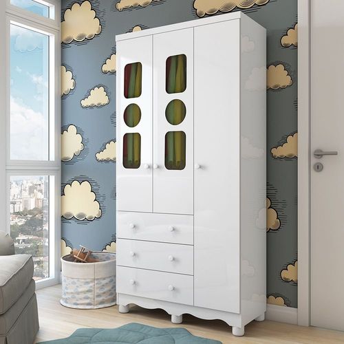Guarda-roupa Infantil 91,9cm 3 Portas 3 Gavetas com Janelas e Pés Ezra 100% Mdf Espresso Móveis Branco Brilho