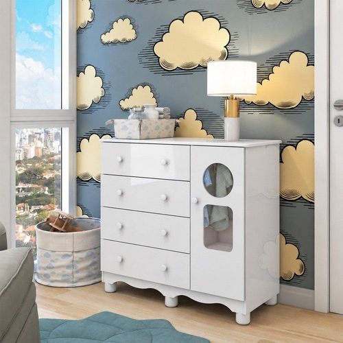 Cômoda Bebê 1 Porta com Janela e 4 Gavetas Ezra 100% MDF Espresso Móveis Branco Branco