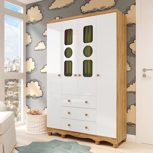 Guarda-roupa Infantil 122,1cm 4 Portas 3 Gavetas com Janelas e Pés Ezra 100% Mdf Espresso Móveis Branco/Amêndoa