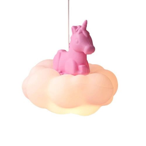Luminária Abajur De Mesa Pendente Nuvem Unicórnio Usare Branco e Rosa