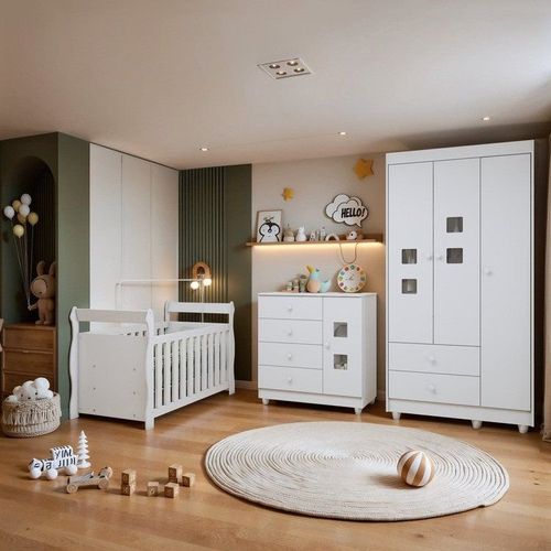 Quarto de Bebê Completo com Guarda-Roupa Berço e Cômoda Bibi Branco