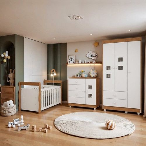 Quarto de Bebê Completo com Guarda-Roupa Berço e Cômoda Bibi Amadeirado/Branco