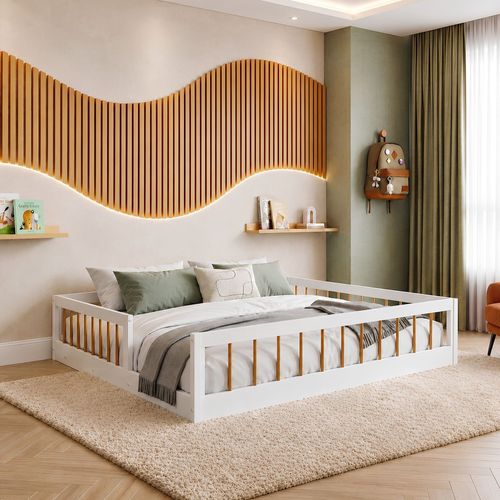 Cama Montessoriana Casal Ana 144,8x195x36cm Branco/Amadeirado