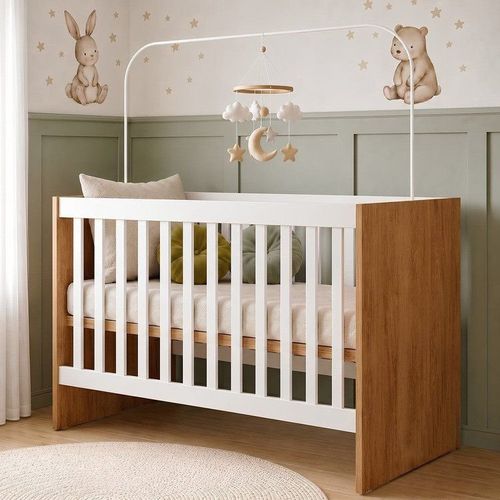 Berço com Regulagem de Altura 100% Mdf Soft Americano Amadeirado/Branco