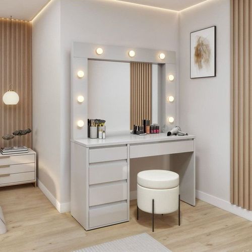 Penteadeira Camarim com Espelho e Lampada 5 Gavetas 100% MDF Anne Off White