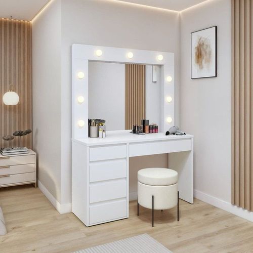 Penteadeira Camarim com Espelho e Lampada 5 Gavetas 100% MDF Anne Branco Acetinado