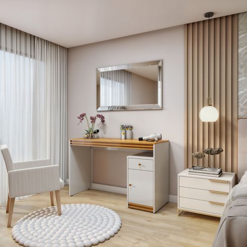 Penteadeira 1 Porta 1 Gaveta 100% MDF Sem Espelho Charlotte Off White/Naturalle
