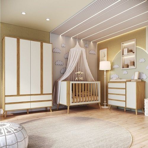Quarto de Bebê Berço Arredondado 3 em 1 Guarda-roupa 4 Portas e Cômoda 100% Mdf Luly Espresso Móveis Off White/Amêndoa
