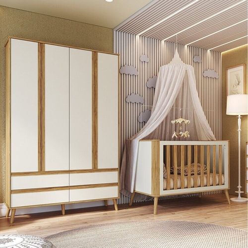 Quarto de Bebê Berço Arredondado 3 em 1 e Guarda-roupa 4 Portas 100% Mdf Luly Espresso Móveis Off White/Amêndoa