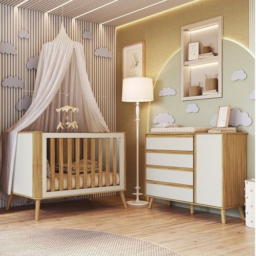 Quarto de Bebê Berço Arredondado 3 em 1 e Cômoda 1 Porta 100% Mdf Luly Espresso Móveis Off White/Amêndoa