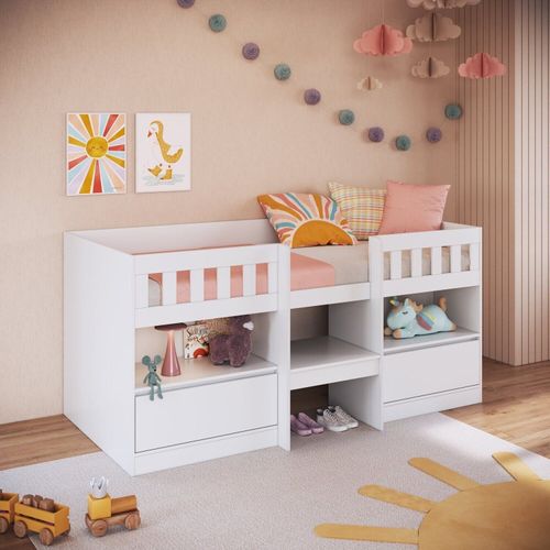 Cama Alta Solteiro Infantil/Juvenil com Portas 80 Ilha Bela Branco