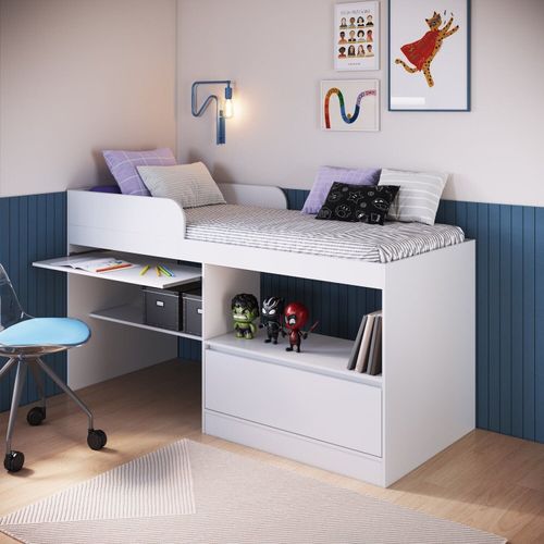 Cama Alta Multifuncional Solteiro Infantil/Juvenil com Estação De Trabalho 80 Jacarta Branco