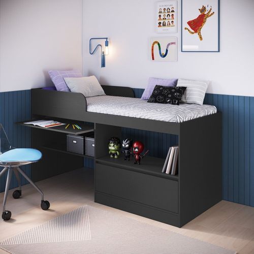 Cama Alta Multifuncional Solteiro Infantil/Juvenil com Estação de Trabalho 80 Jacarta Preto/Grafit Grafite