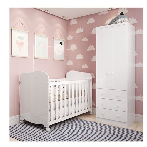 Quarto de Bebê com Guarda Roupa 2 Portas e Berço Teka 100% Mdf Espresso Móveis Branco Brilho