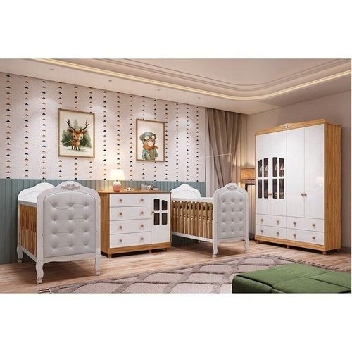 Quarto de Bebê Gêmeos 2 Berços Capitonê Guarda-Roupa e Cômoda Maya Clássico 100% MDF Espresso Móveis Branco Brilho/Amêndoa/Branco