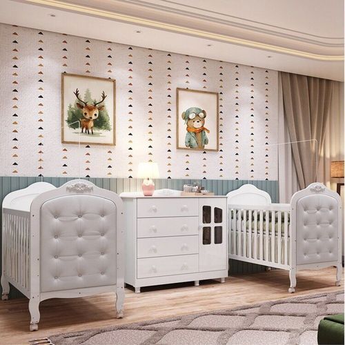 Quarto de Bebê Gêmeos 2 Berços com Capitonê e Cômoda Janelada 100% MDF Maya Clássico Espresso Móveis Branco Brilho/Branco
