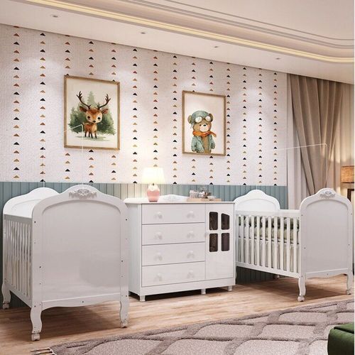 Quarto de Bebê Gêmeos 2 Berços e Cômoda Janelada 100% MDF Maya Clássico Espresso Móveis Branco Brilho/Branco