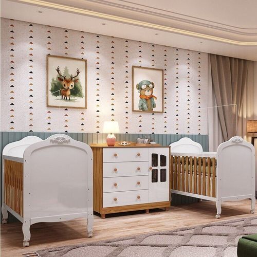 Quarto de Bebê Gêmeos 2 Berços e Cômoda Janelada 100% MDF Maya Clássico Espresso Móveis Branco Brilho/Amêndoa/Branco