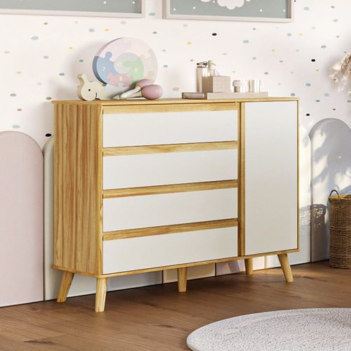 Cômoda Infantil com 1 Porta 4 Gavetas e Pés Palito Luly 100% MDF Espresso Móveis Off White/Amêndoa
