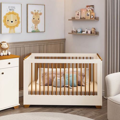 Berço Evolutivo 2 em 1 com Grades Palito em Madeira Maciça Baby Ananda Casatema B OffWhite/Mel