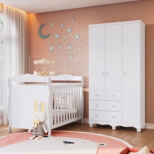 Quarto de Bebê com Berço Minicama e Guarda-roupa 3 Portas 100% MDF Nina Espresso Móveis Branco Brilho