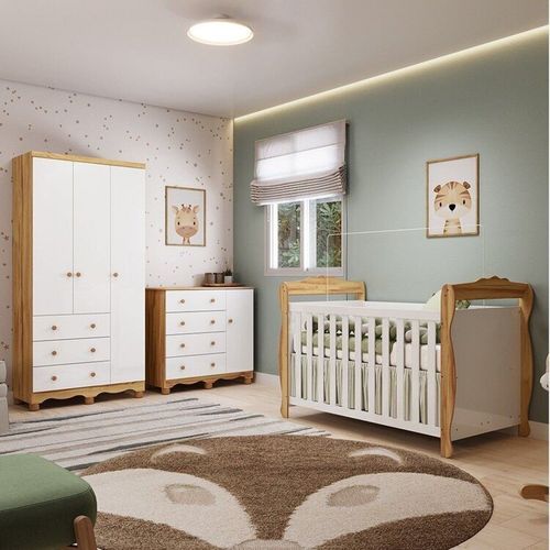 Quarto de Bebê Completo Berço 3 em 1, Guarda-roupa 3 Portas e Cômoda 100% MDF Nina Espresso Móveis Branco Brilho/Amêndoa