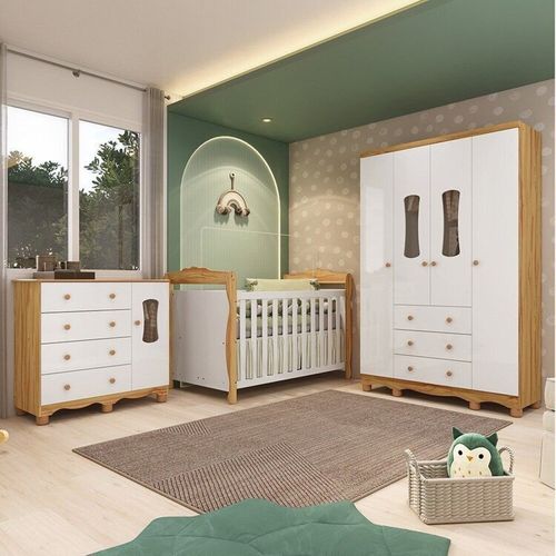 Quarto de Bebê Completo Berço 3 em 1, Cômoda, Guarda Roupa MDF Aurora Espresso Móveis Branco/Am Branco Brilho/Amêndoa