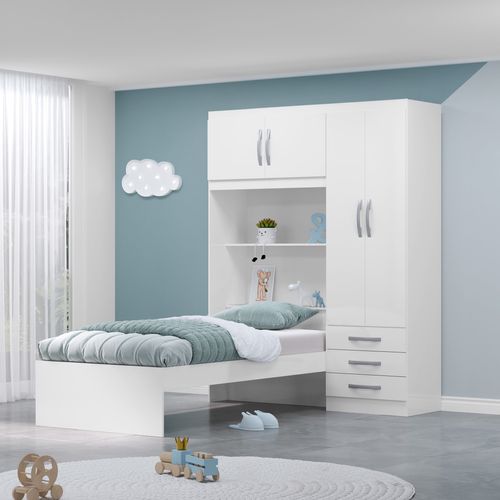 Guarda Roupa Infantil com Cama 4 Portas 3 Gavetas Lisboa Espresso Móveis Branco/Pink
