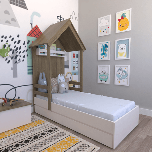 Cama Infantil Lara com Gavetas 157cm X 153cm Branco/Carvalho Mel