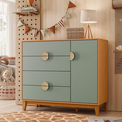 Cômoda Infantil 4 Gavetas e 1 Porta Kid em MDF Cinamomo / Sálvia
