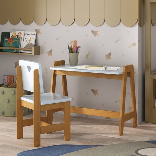 Conjunto Mesa Escrivaninha + 1 Cadeira Infantil Sofia Azul/ Mel Madeira Maciça e Mdf