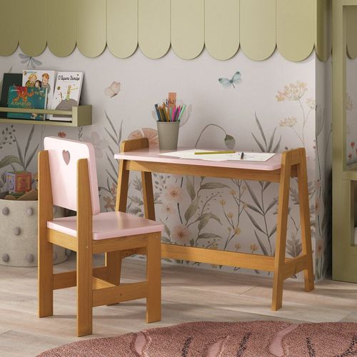 Conjunto Mesa Escrivaninha + 1 Cadeira Infantil Sofia Madeira Maciça / Mdf