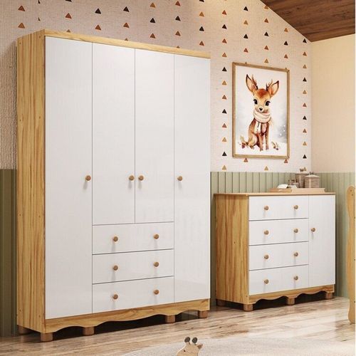 Quarto Infantil com Guarda-Roupa 4 Portas e Cômoda 1 Porta 100% MDF Mimo Espresso Móveis Branco/Br Branco Brilho/Amêndoa
