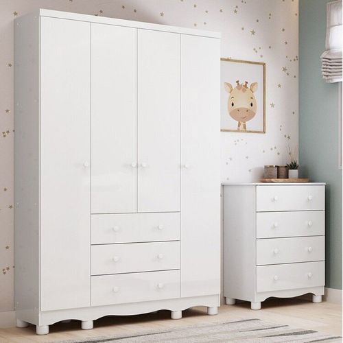 Quarto Infantil com Guarda-roupa 4 Portas e Cômoda 4 Gavetas 100% Mdf Mimo Espresso Móveis Branco Brilho