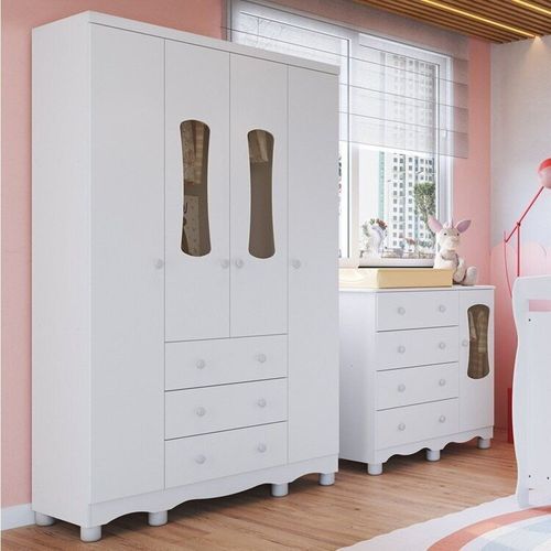 Quarto Infantil com Guarda-roupa 4 Portas e Cômoda com Janelas 100% Mdf Lana Espresso Móveis Branco Brilho