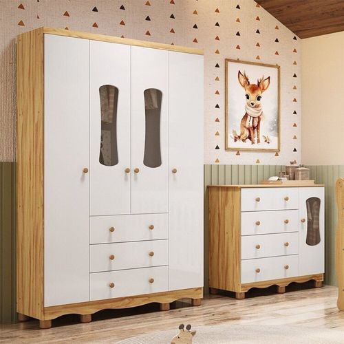 Quarto Infantil com Guarda-Roupa 4 Portas e Cômoda com Janelas 100% MDF Lana Espresso Móveis Branco/ Branco Brilho/Amêndoa