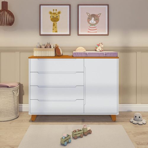 Cômoda 4 Gavetas 1 Porta com Tampo em Madeira Maciça Baby Tubbi Casatema Branco/Caramelo
