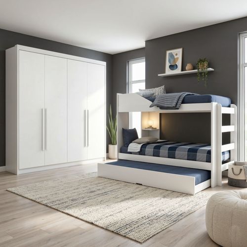 Conjunto Treliche Solteiro Indy e Guarda Roupa Casal 4 Portas 4 Gavetas Bergamo Branco Branco