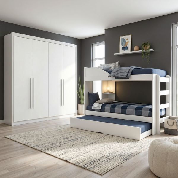 Conjunto Treliche Solteiro Indy e Guarda Roupa Casal 4 Portas 4 Gavetas Bergamo Branco