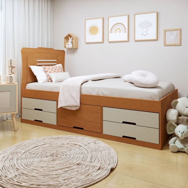 Cama Solteiro Infantil com 5 Gavetas Puxador Embutido Alice Cinamomo/Off White Cinamomo/Off White