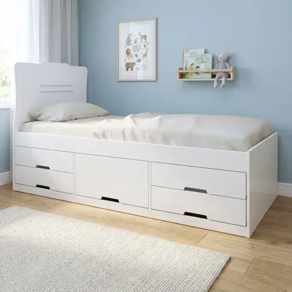 Cama Solteiro Infantil com 5 Gavetas Puxador Embutido Alice Branco Branco