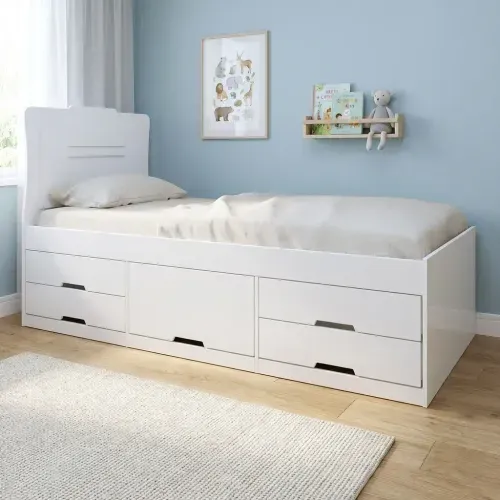 Cama Solteiro Infantil com 5 Gavetas Puxador Embutido Alice Branco Branco