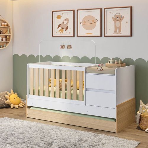Berço Cama Multifuncional Auri com 2 Gavetas e Cama Auxiliar Casatema Carvalho Mel/Branco